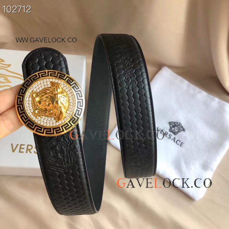 Replica Versace Black Calf Leather Belt with Gold Buckle